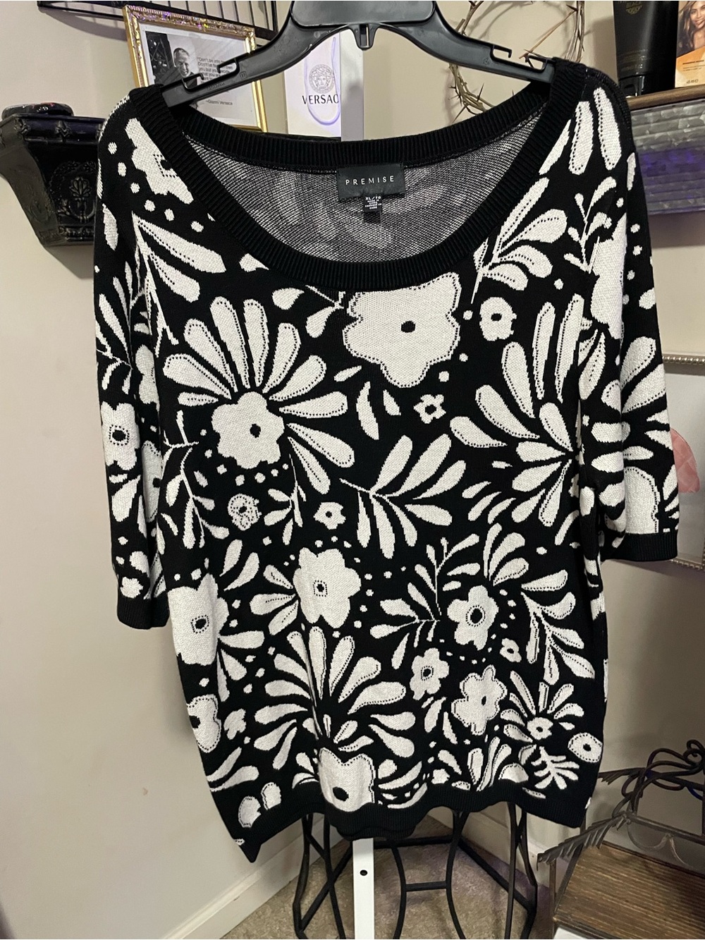Premise Black and White Floral Scoop Neck Sweater - Picture 3 of 5
